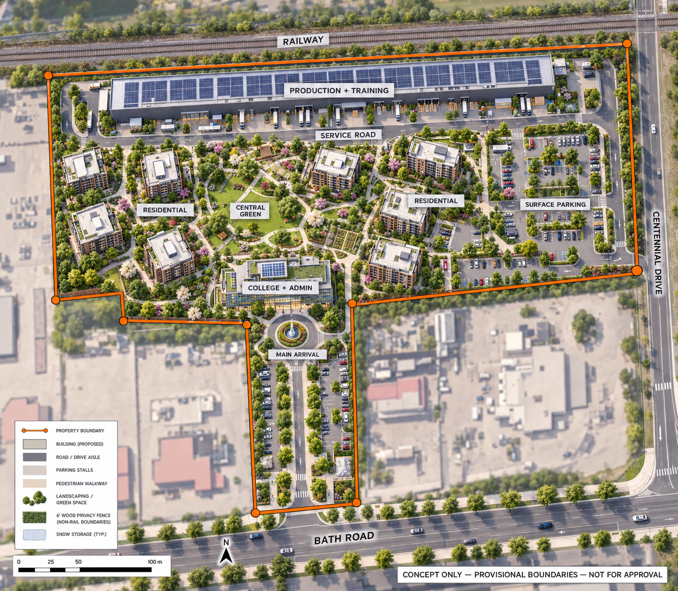 Provisional aerial concept of the Kingston campus, with housing around a central green and production and training space at the rear.